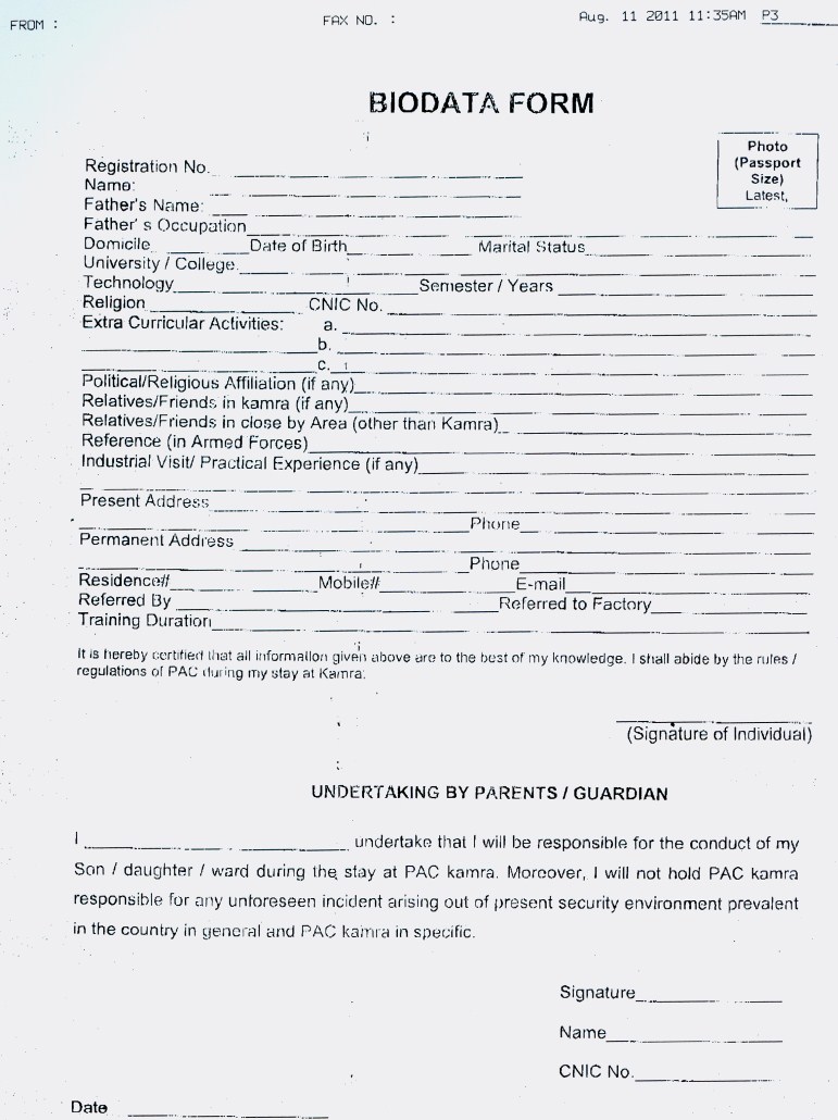Biodata Form For College Students